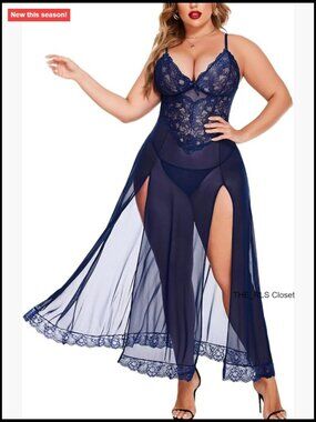 Plus Size Sexy Lace Babydoll Long Lingerie Dress Side Split Nightgown